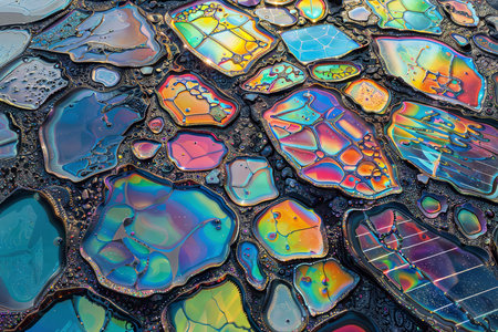 Iridescent Water Close-up: A mesmerizing close-up of water droplets with an iridescent and colorful sheen.の素材