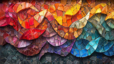 Colorful Mosaic Wall Art: Vibrant mosaic wall with intricate patterns, ideal for interior design.の素材