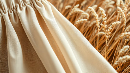 Cloth and wheat. Beige cloth with wheat background, warm colors and soft light.の素材