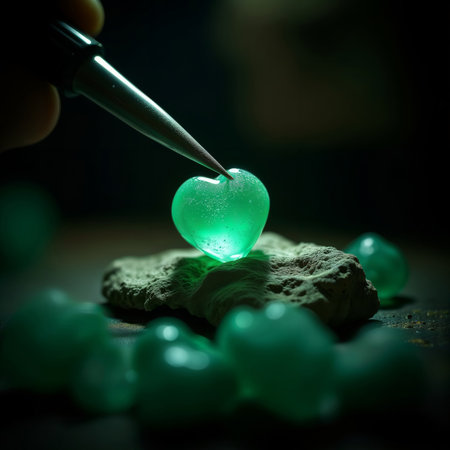 Glowing heart. A glowing green heart-shaped object being held by tweeters.の素材