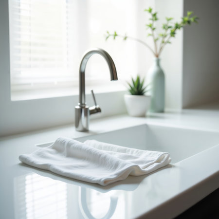 Minimalist kitchen sink. A clean, white countertop with a stainless steel faucet, neatly folded white towels, and small plants in natural light.の素材