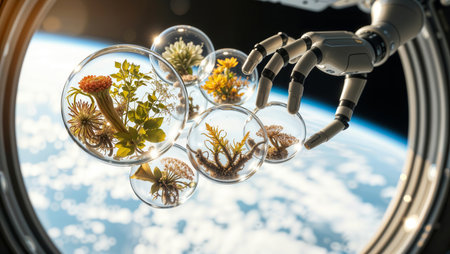 Robotic plant care in space. A robotic arm tending to plants in spherical terrariums aboard a spacecraft, with Earth visible in the background.の素材