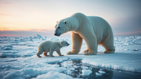 Polar Bear Family on Ice. A majestic polar bear stands protectively over its cub on a vast expanse of ice.の素材