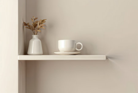 Minimalist shelf decor. A light beige wall with a white shelf featuring a white vase with dried flowers and a white coffee cup with a saucer.の素材