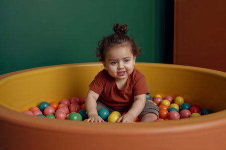 Ball Pit Joy. Young child in a red shirt sits contentedly playing in a colorful ball pit against green background.の素材