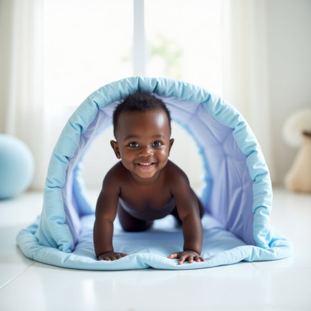 Baby Tunnel Play. Happy baby crawls through soft blue padded play tunnel in bright nursery setting.の素材