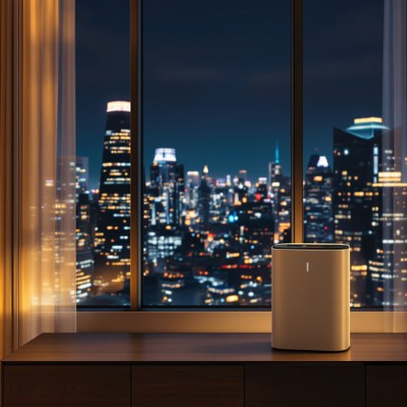 Urban Night View. An air purifier on a windowsill with a vibrant cityscape at night.の素材
