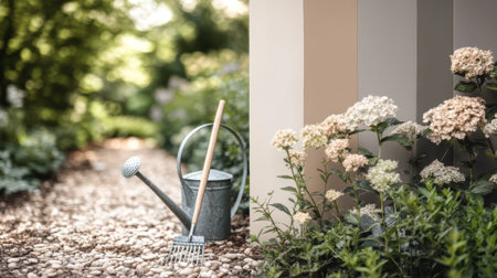 Garden Tools and Hydrangeas. Rustic watering can and garden rake beside blooming hydrangea flowers against a modern striped wall background.の素材