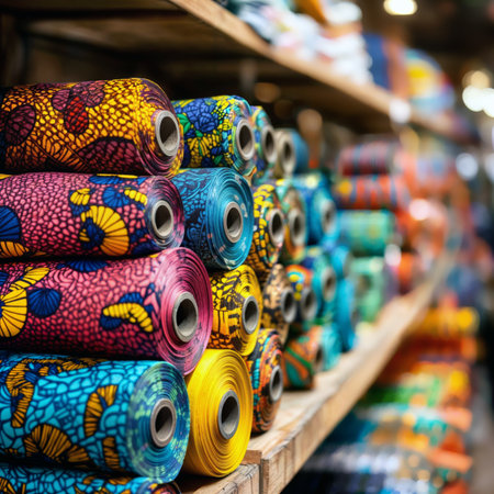 Colorful African Fabrics. Rolls of vibrant, patterned African textiles stacked on wooden shelves in a market stall.の素材