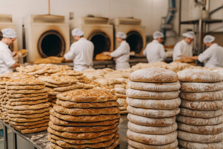 Bakery with fresh bread. A busy bakery interior with bakers working near ovens and stacks of freshly baked flatbreads and loaves on tables in the foreground.の素材