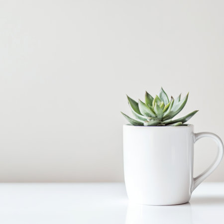 Minimalist Succulent Mug. Small green succulent plant growing in white ceramic coffee mug against clean white background with copy space.の素材