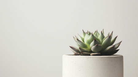 Modern Succulent Close-up. Contemporary white ceramic planter with green echeveria succulent against minimalist light background with negative space.の素材