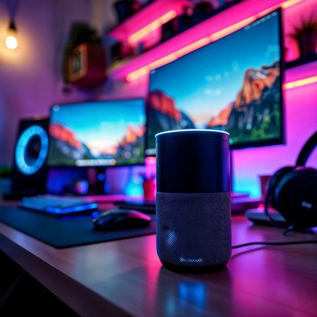 Gaming Setup with Speaker. Black smart speaker on gaming desk with multiple monitors displaying nature scenery amid vibrant pink and blue RGB lighting.の素材