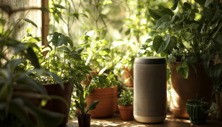 Smart Home Garden Serenity. Smart speaker nestled among lush houseplants on a sunlit windowsill, creating a harmonious blend of technology and nature.の素材