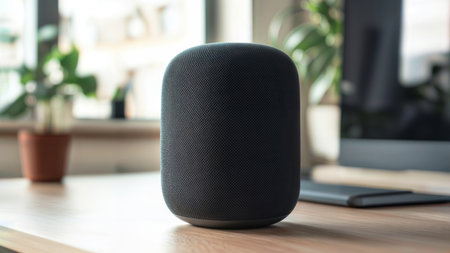 HomePod Speaker Close-up. Modern dark gray mesh-textured smart speaker on wooden desk with potted plant in soft focus background.の素材