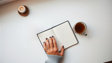 Mindful Morning Routine. Overhead view of hands with black nail polish writing in blank notebook alongside tea cup and burning candle on white surface.の素材