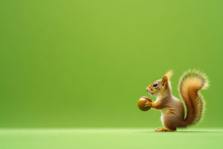 Squirrel with Nut. A squirrel holding a nut against a green background.の素材