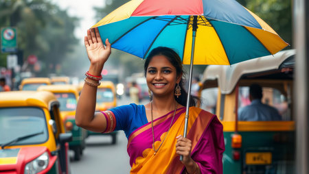 Cultural Beauty Portrait. Woman wearing colorful silk sari and jewelry poses with multicolored umbrella against backdrop of yellow taxis and urban setting.の素材