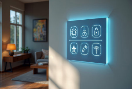 Smart home interface. Glowing blue control panel with illuminated icons for smart home automation features mounted on wall in modern living room.の素材