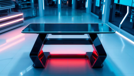 Futuristic Desk Technology. Sleek, black, futuristic desk with glowing red lights in a modern, high-tech office space.の素材