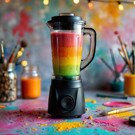 Rainbow smoothie layers. Colorful layered fruit smoothie in black blender against artistic background with brushes and paint splashes.の素材