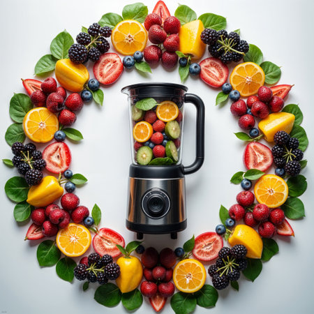 Fruit wreath smoothie. Modern black blender surrounded by artistic arrangement of fresh berries, citrus and leaves on white background.の素材