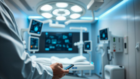 High-tech Operating Room. Doctor with a phone in a modern surgery room with a bed and monitors.の素材