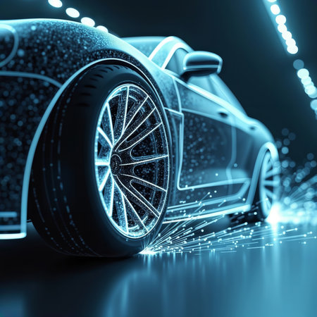 Futuristic Car Wheel. Close-up of a car's wheel with glowing blue lines and sparks effect.の素材