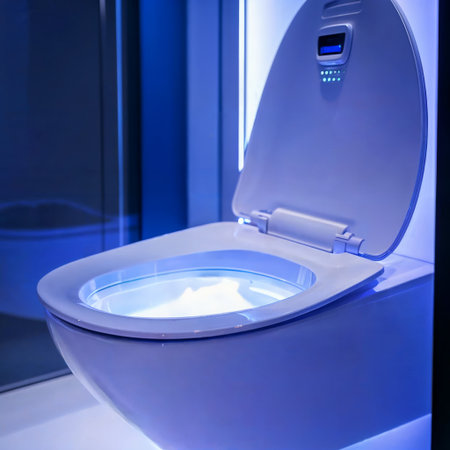 Modern Toilet. Futuristic smart toilet with a glowing seat. Automatic, high-tech, and luxurious home equipment.の素材