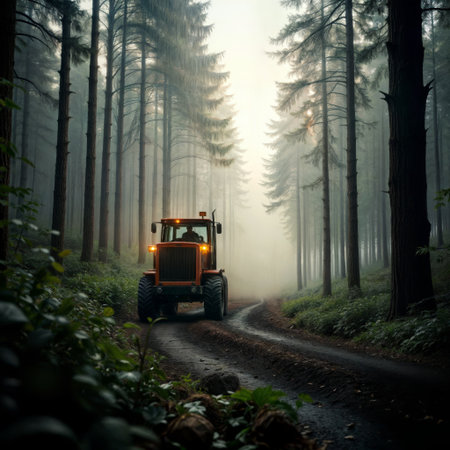 Misty forest tractor. Orange tractor with headlights on driving through foggy pine forest path creating atmospheric scene at dawn.の素材