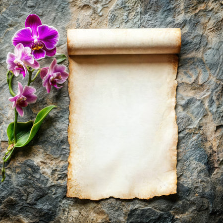 Old Scroll and Orchid. An old scroll of paper beside a purple orchid flower.の素材