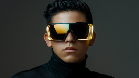 Cyberpunk man. Close-up portrait of a young man in glowing glasses, looking at the camera.の素材