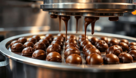 Chocolate Truffles. Close-up shot of chocolate truffles being made in a factory on a conveyor belt.の素材