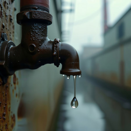Old Rusty Faucet. Dripping faucet on a rusty wall, with water drops falling and a blurred industrial background.の素材