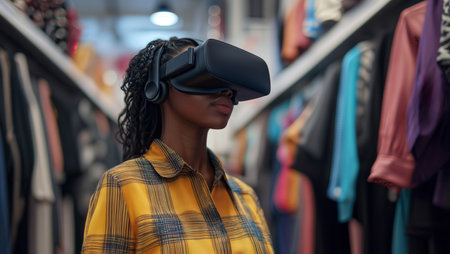 Virtual shopping immersion. Woman in yellow plaid shirt wearing VR headset and headphones exploring virtual retail environment.の素材