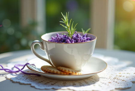 Lavender Tea. Fragrant herbal tea with rosemary and cookies on a white table in the morning.の素材