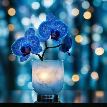 Blue orchid ambiance. Mystical blue phalaenopsis orchids in illuminated marble-effect vase against bokeh background with warm accents.の素材