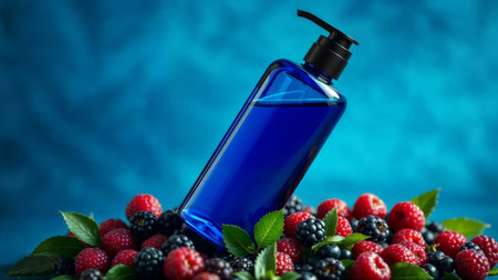Blue Lotion Bottle. Blue cosmetic bottle with a variety of berries.の素材