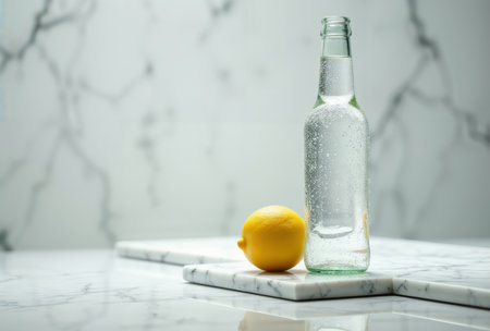 Lemon and water. Glass bottle of sparkling water with a lemon on a marble surface.の素材