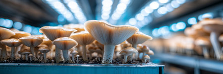 Mushroom cultivation closeup. Gourmet mushrooms growing in controlled environment with dramatic lighting, showing commercial fungi farming on substrate.の素材