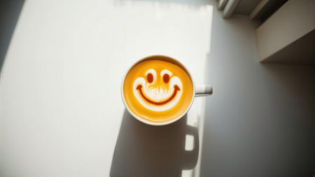 Smiley face coffee. Top down view of a cup of coffee with a latte art smiley face on white table.の素材