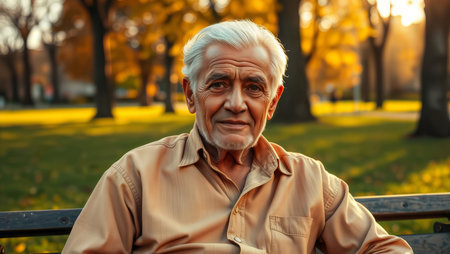 Senior man sitting. Content senior man sitting on a park bench enjoying the sun.の素材