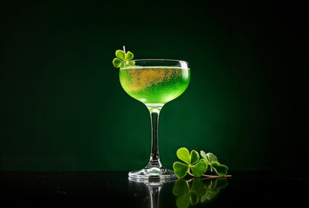 Green cocktail A refreshing alcoholic drink with clover leaves is on a dark background.の素材