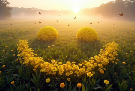 Smiling Flowers. Yellow flowers arranged in a smiley face with butterflies at sunrise.の素材