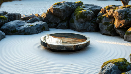 Zen Garden Table. Low angle of outdoor zen garden with a round coffee table at sunset.の素材