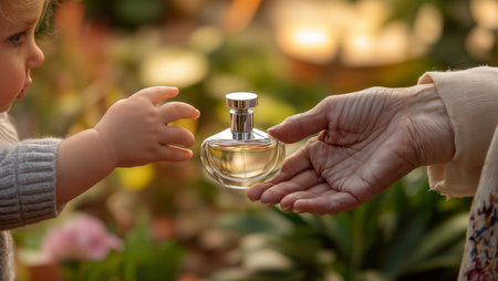 Giving perfume as gift. Child's hand reaches for perfume bottle offered by an adult hand in a garden setting.の素材