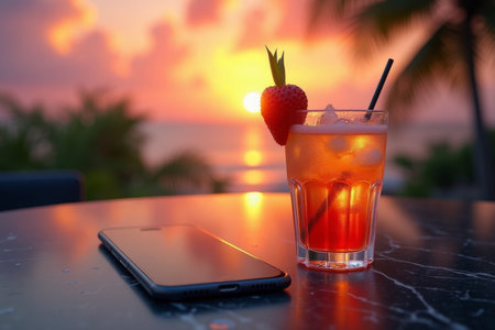 Sunset Cocktail with Smartphone. Vibrant orange cocktail with fresh strawberry garnish beside smartphone on marble surface, with dramatic sunset and palm trees in background.の素材