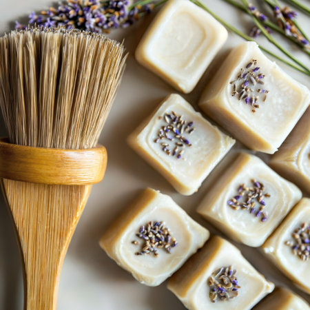 Natural lavender soap and brush. Handmade soap bars decorated with lavender flowers and wooden brush on beige background.の素材