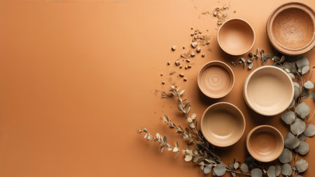 Ceramic Bowls Eucalyptus Flatlay. Top view of ceramic bowls with eucalyptus leaves on an orange background.の素材