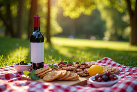 Picnic in Nature. Wine bottle and gourmet snacks on checkered blanket in sunlit forest clearing with blurred green background.の素材